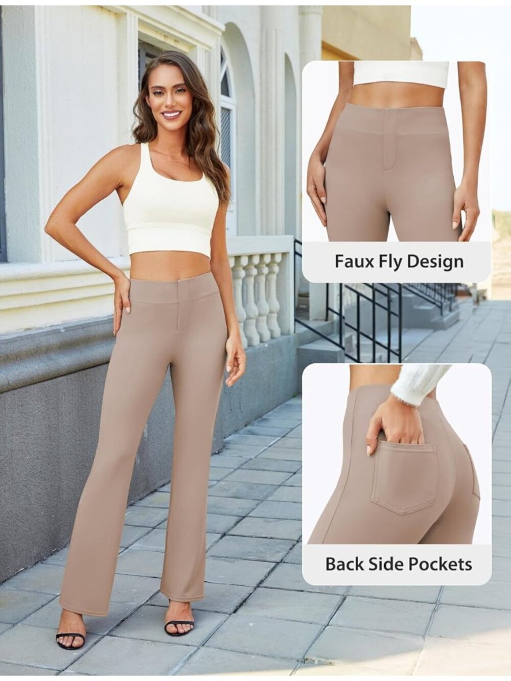Women's Light Coffee High Waist Stretchy Casual Elastic Bootcut Dress Pants - Picture 4 of 5